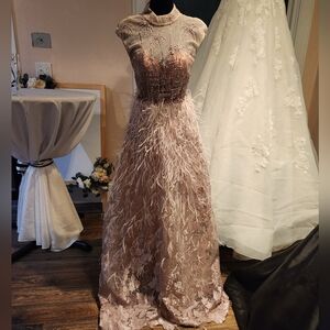 Ashley Lauren Elegant Pink Feathered And Sequin Evening Gown